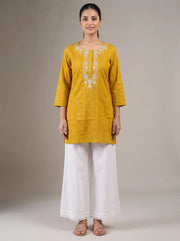 Mustard Cotton Embroidered Straight Short Kurti