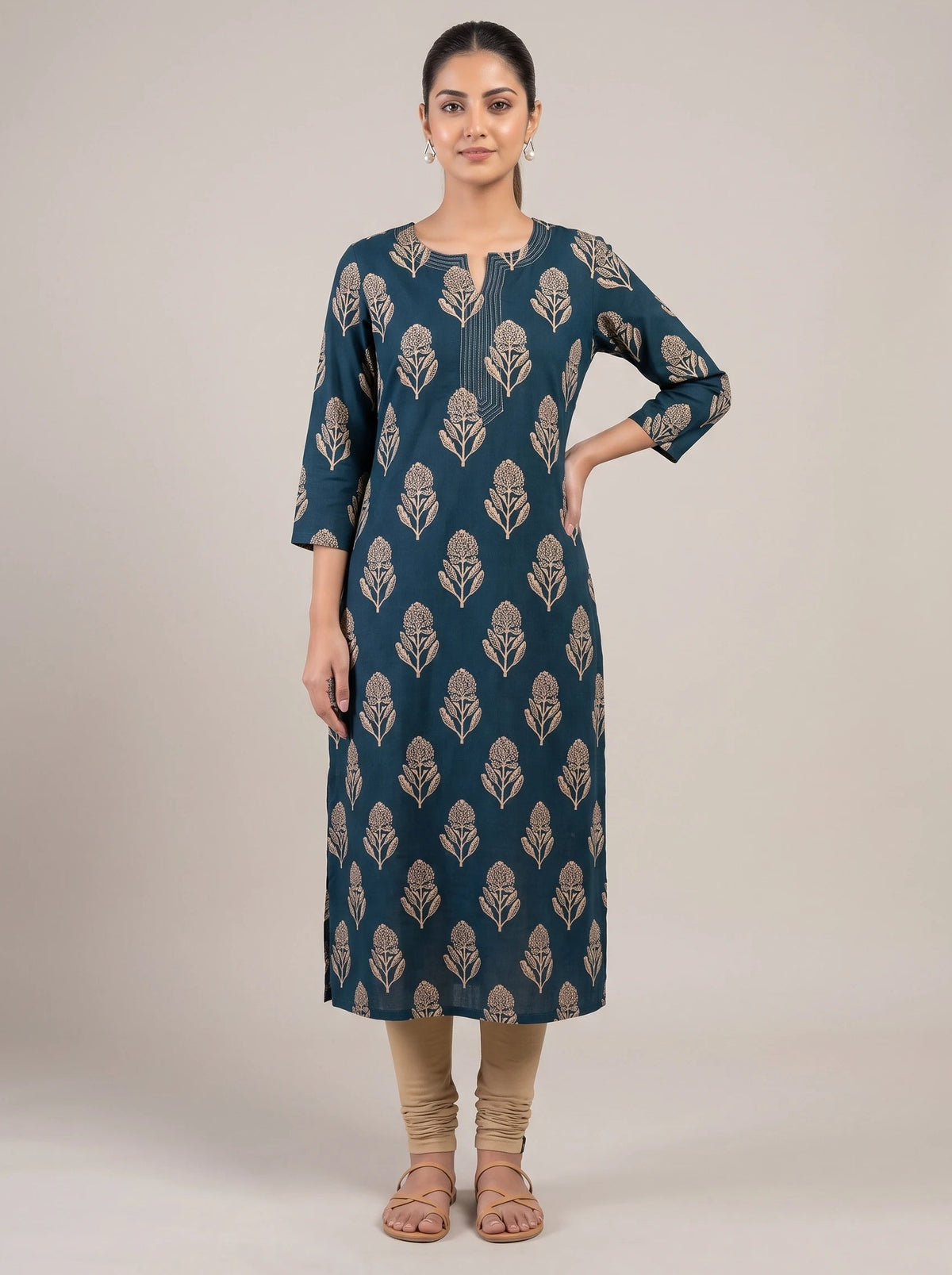 Indigo Navy Blue Cotton Flex Printed Straight Kurta