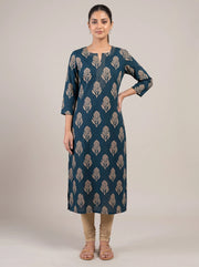Indigo Navy Blue Cotton Flex Printed Straight Kurta