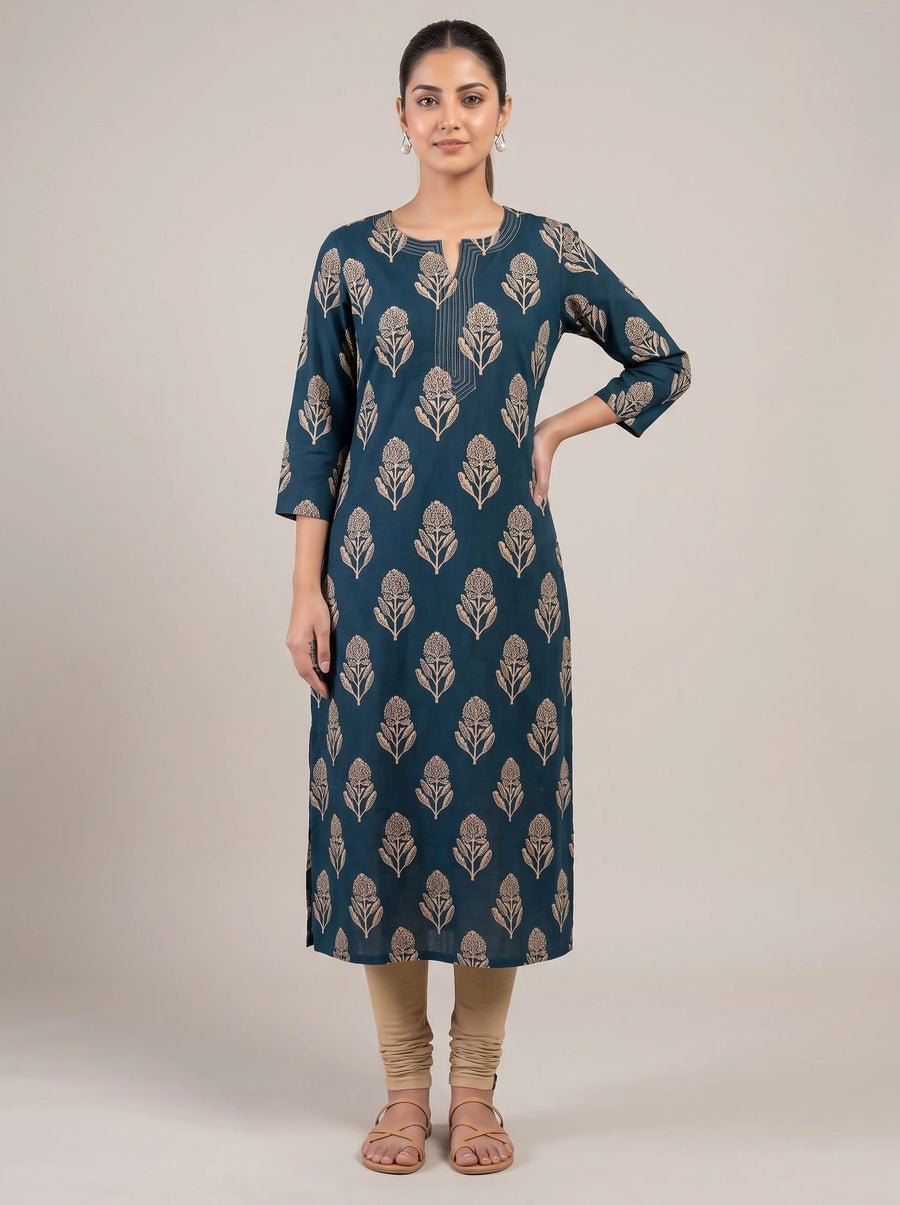 Indigo Navy Blue Cotton Flex Printed Straight Kurta
