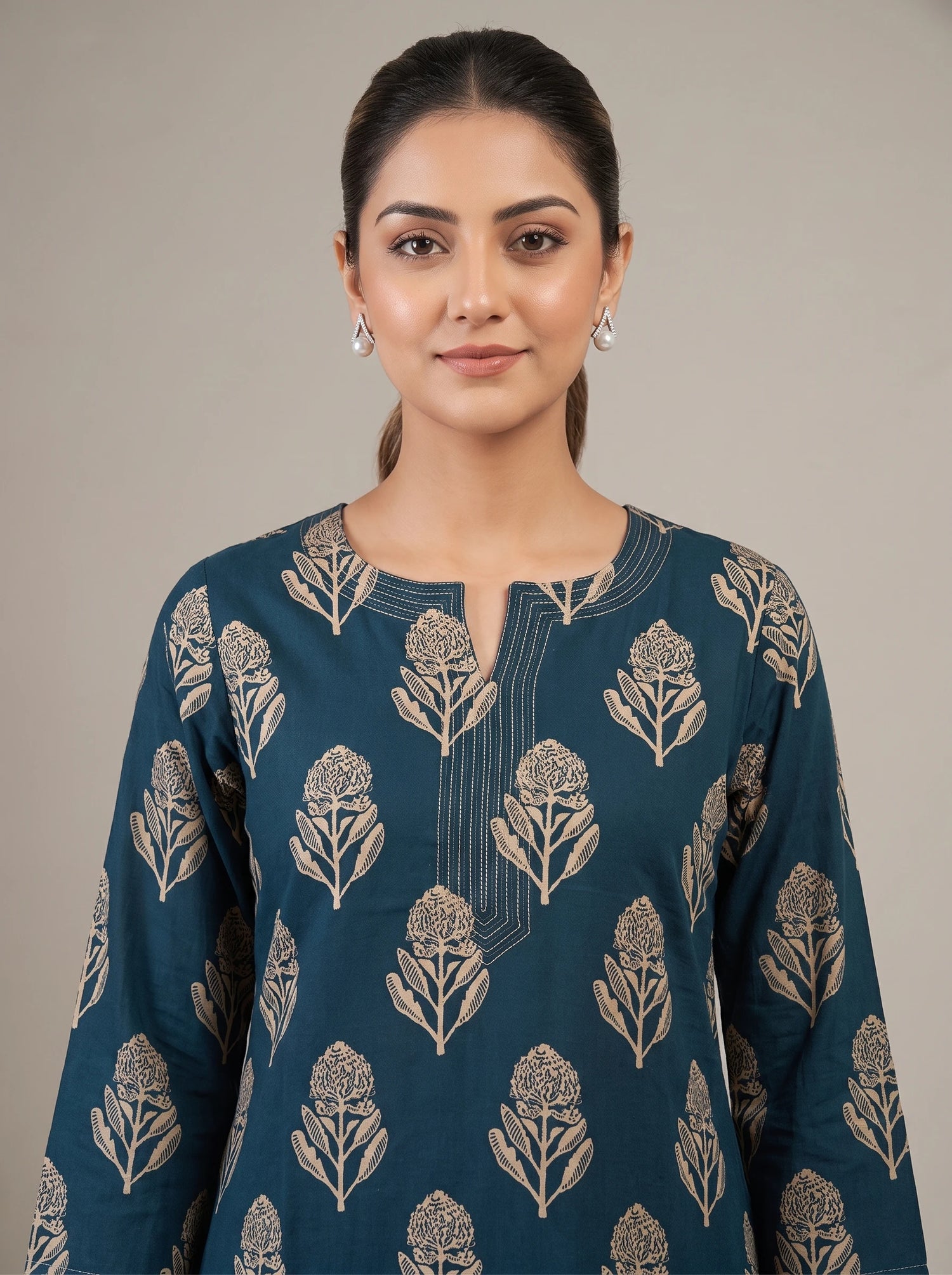 Indigo Navy Blue Cotton Flex Printed Straight Kurta