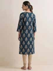 Indigo Navy Blue Cotton Flex Printed Straight Kurta