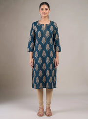 Indigo Navy Blue Cotton Flex Printed Straight Kurta