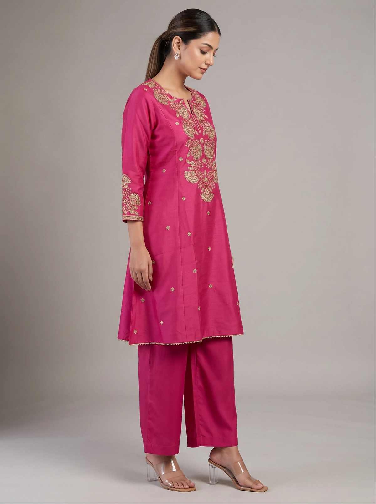 Rani Pink Embroidered Straight Ethnic Suit Set