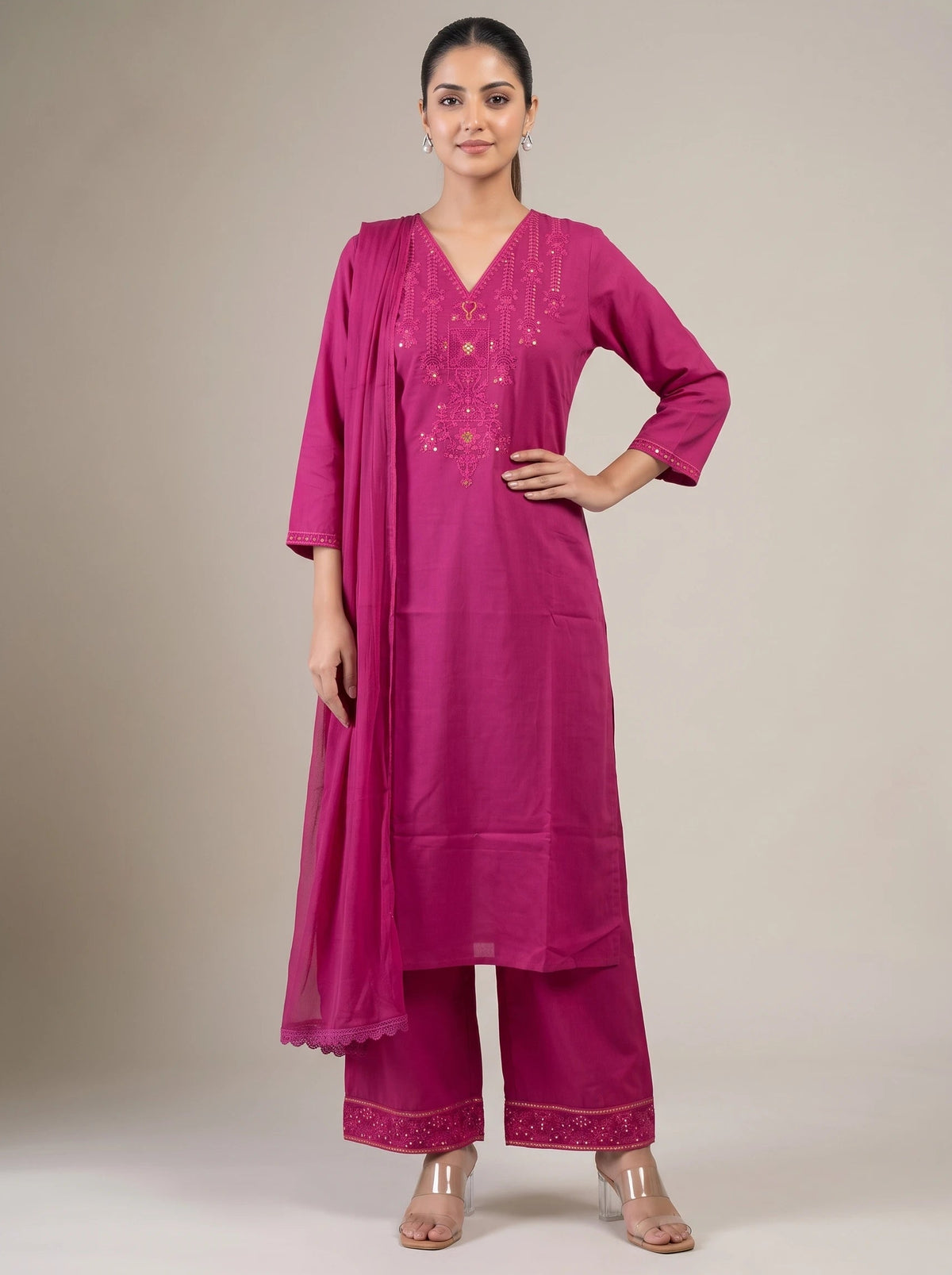 Rani Pink Embroidered Straight Ethnic Suit Set
