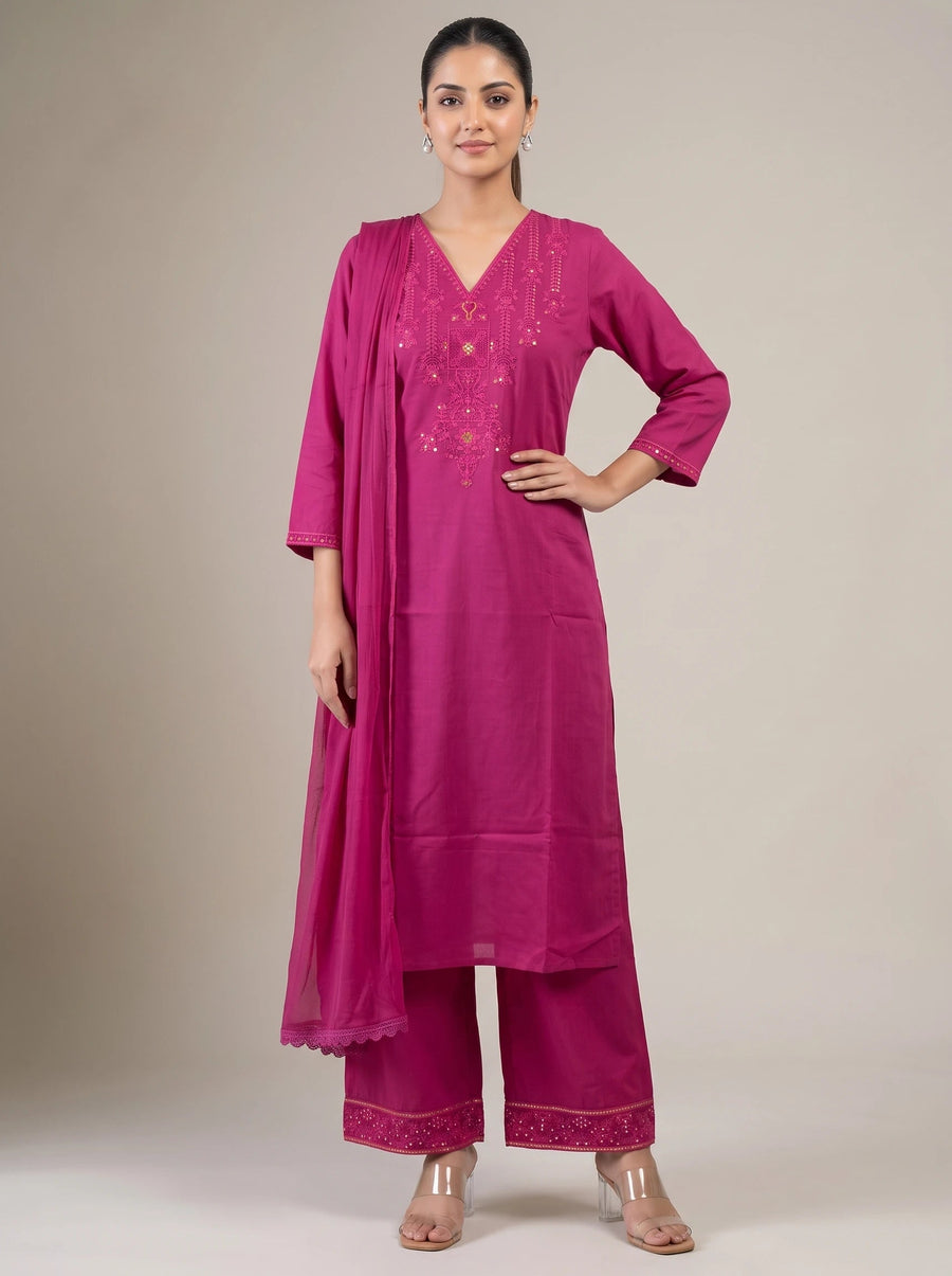 Rani Pink Embroidered Straight Ethnic Suit Set