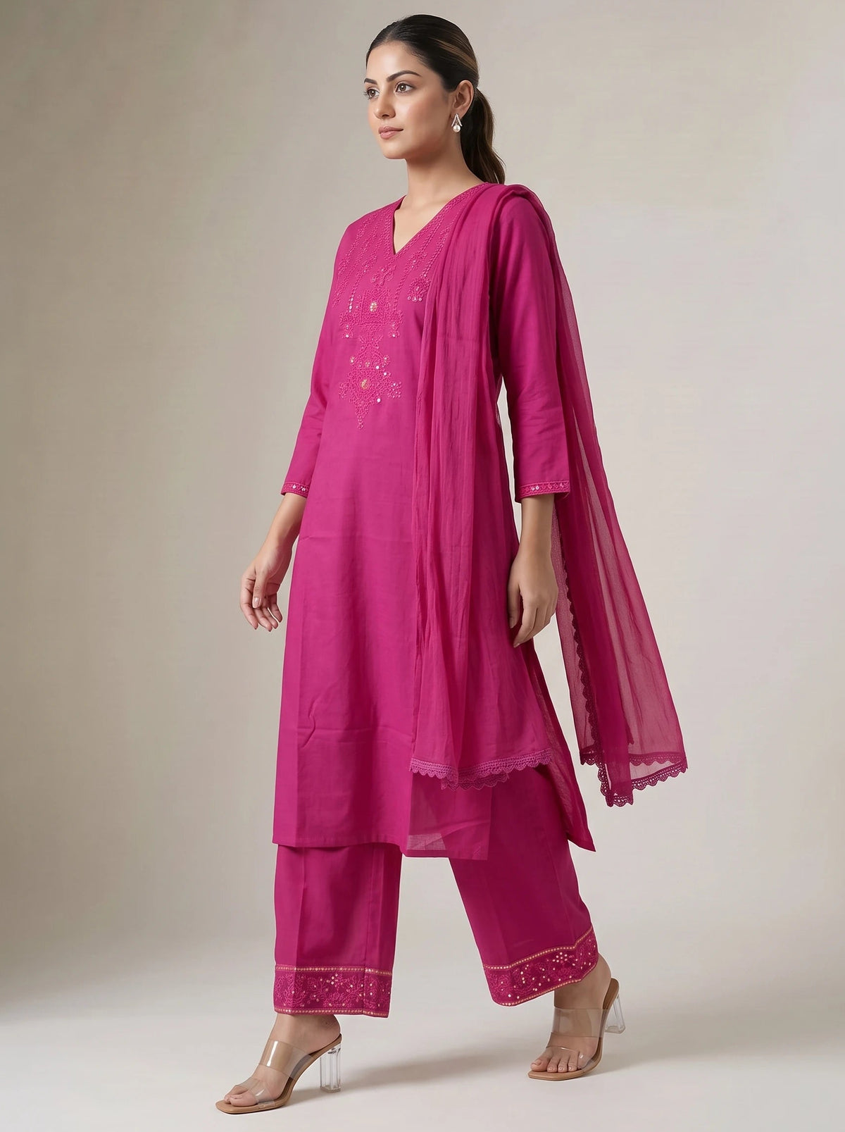 Rani Pink Embroidered Straight Ethnic Suit Set