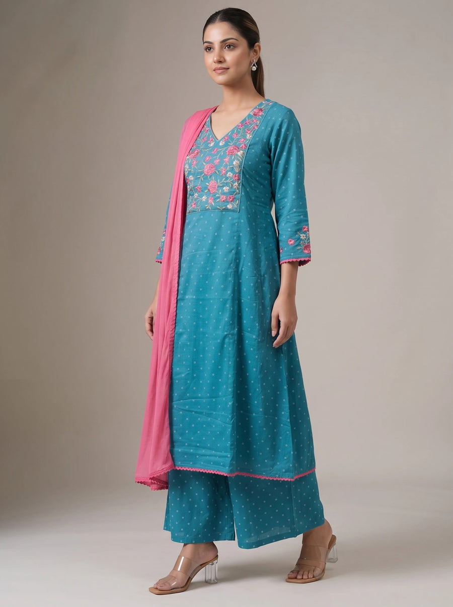 Light Blue Jacquard Embroidered A-Line Ethnic Suit Set
