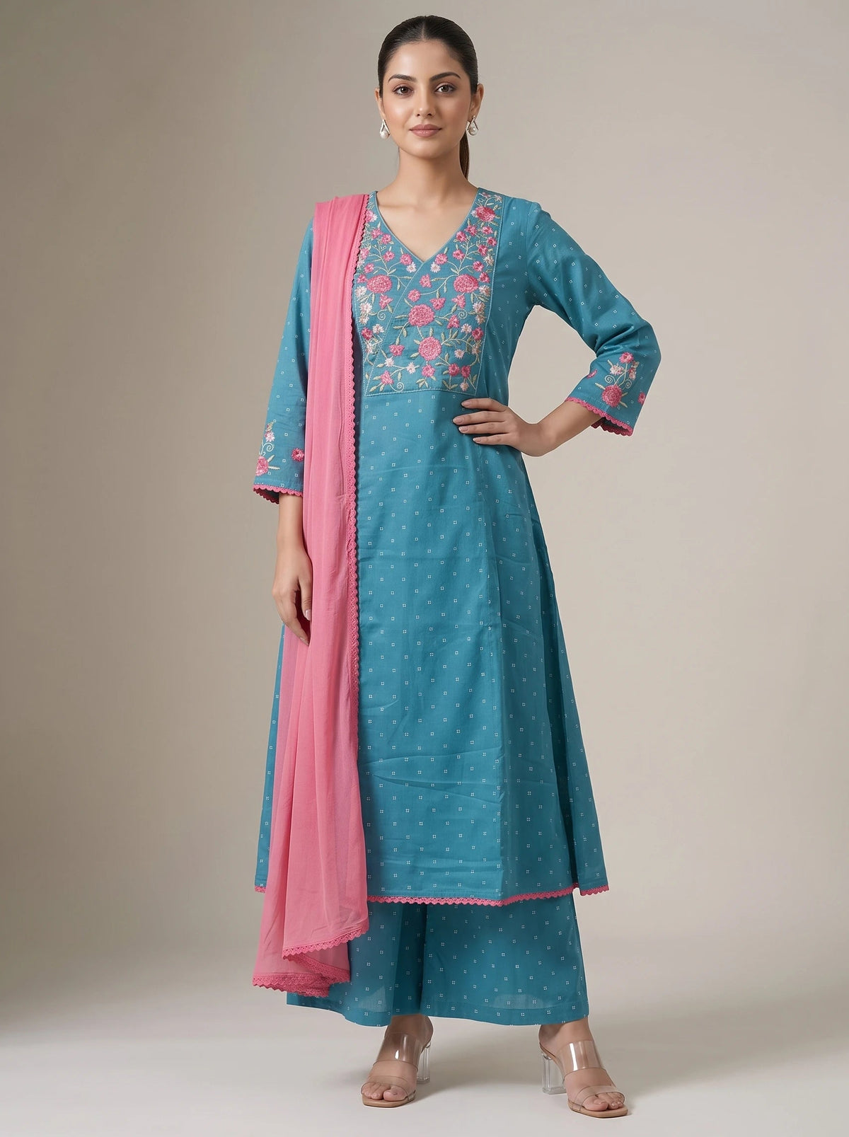 Light Blue Jacquard Embroidered A-Line Ethnic Suit Set