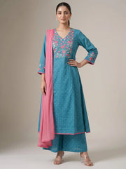 Light Blue Jacquard Embroidered A-Line Ethnic Suit Set