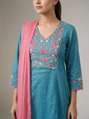 Light Blue Jacquard Embroidered A-Line Ethnic Suit Set