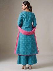 Light Blue Jacquard Embroidered A-Line Ethnic Suit Set