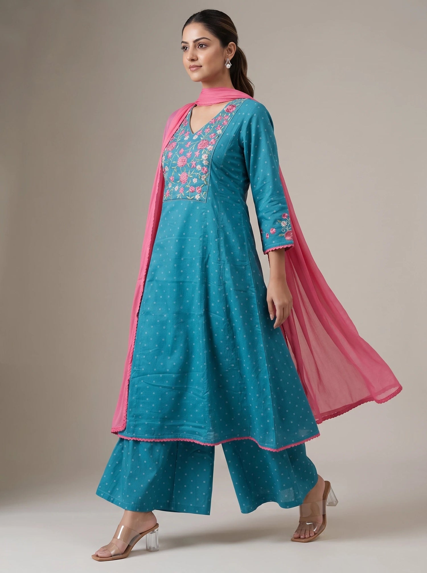 Light Blue Jacquard Embroidered A-Line Ethnic Suit Set