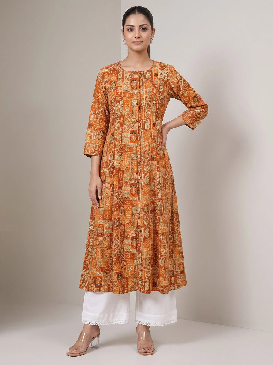 Rust Printed Straight Kurta