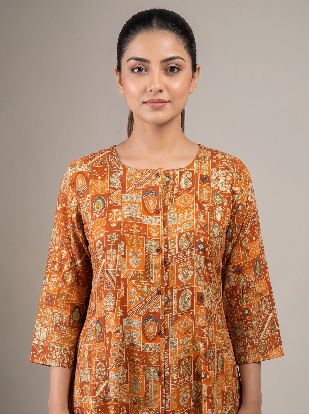 Rust Printed Straight Kurta