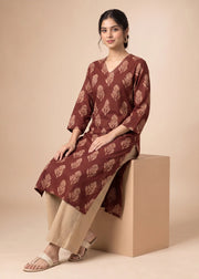 Rust Cotton Flex Printed Straight Kurta