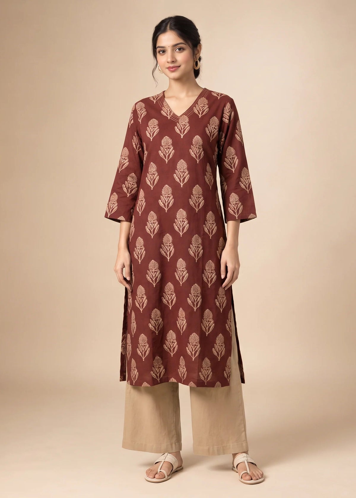 Rust Cotton Flex Printed Straight Kurta