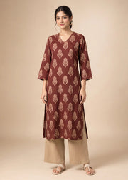 Rust Cotton Flex Printed Straight Kurta