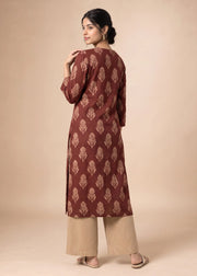 Rust Cotton Flex Printed Straight Kurta