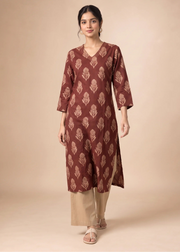 Rust Cotton Flex Printed Straight Kurta