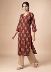 Rust Cotton Flex Printed Straight Kurta