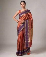 Orange Purple Katan Silk Zari Strip Saree