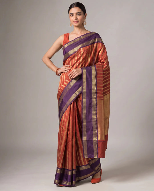 Orange Purple Katan Silk Zari Strip Saree