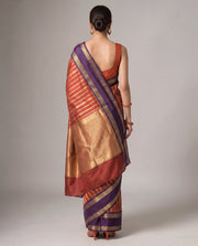 Orange Purple Katan Silk Zari Strip Saree