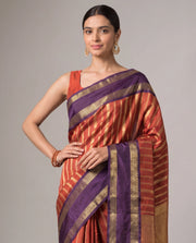 Orange Purple Katan Silk Zari Strip Saree