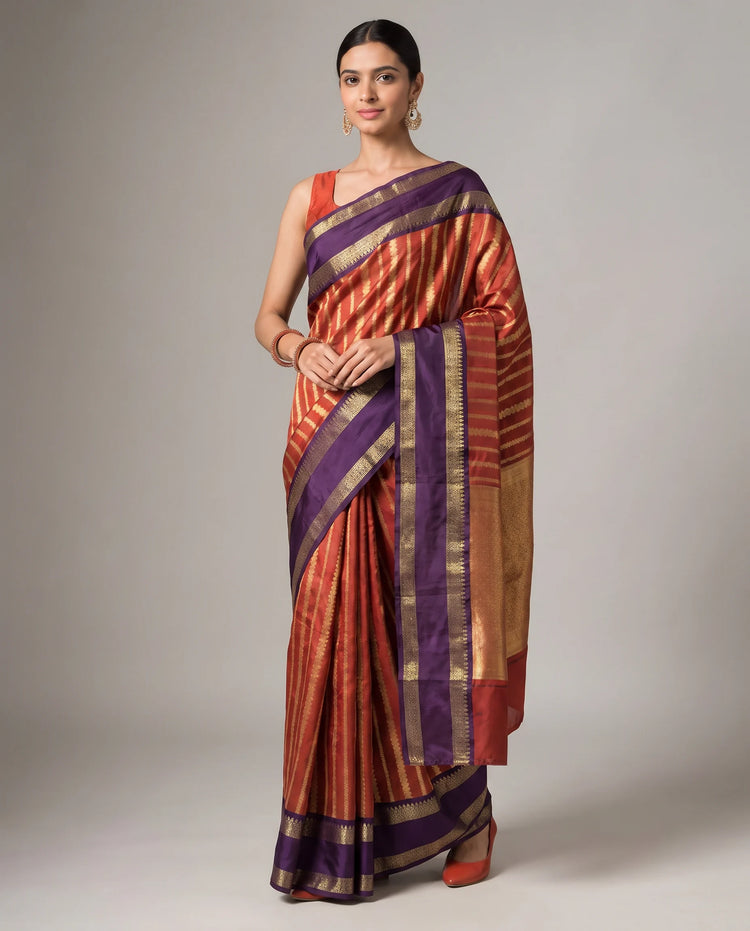 Orange Purple Katan Silk Zari Strip Saree