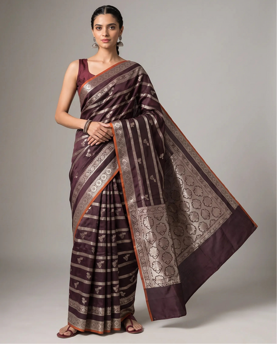 Brown Silk Zari Strip Butti Saree
