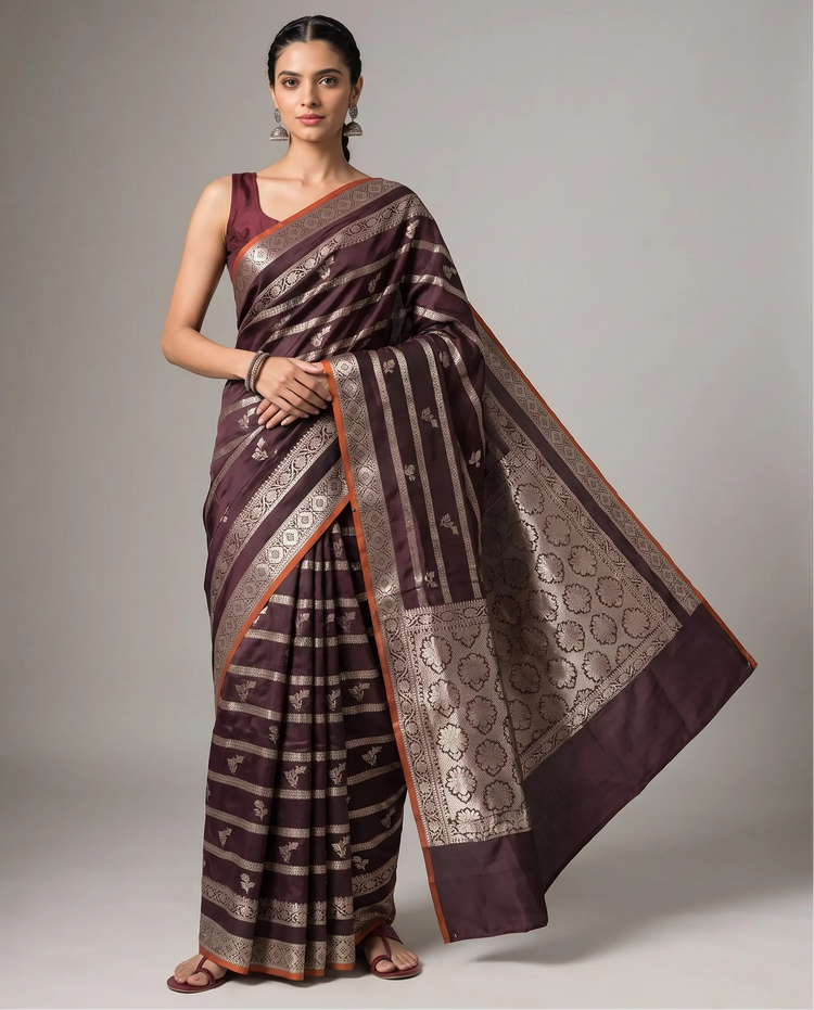 Brown Silk Zari Strip Butti Saree