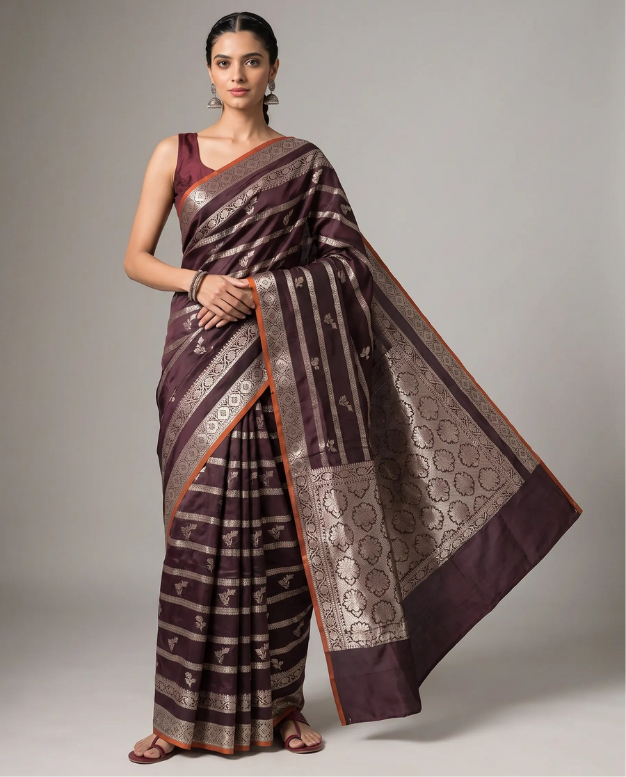 Brown Silk Zari Strip Butti Saree