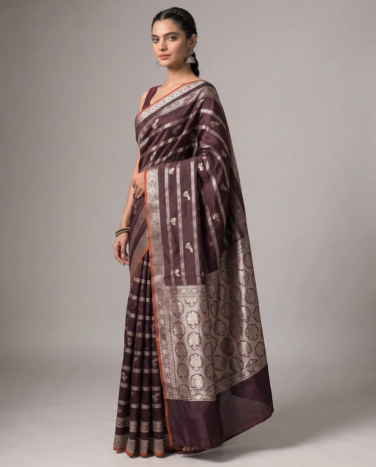 Brown Silk Zari Strip Butti Saree