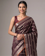 Brown Silk Zari Strip Butti Saree