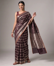 Brown Silk Zari Strip Butti Saree