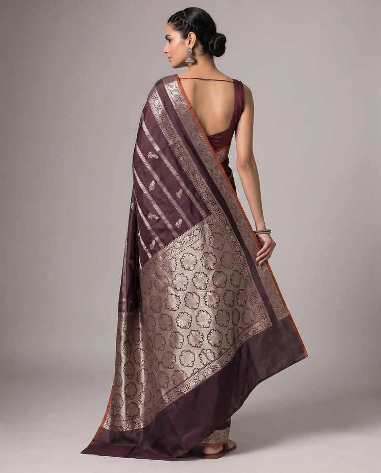 Brown Silk Zari Strip Butti Saree
