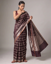 Brown Silk Zari Strip Butti Saree