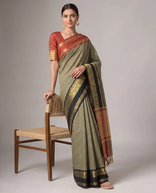 Black Silk Woven Checks Contrast Border Saree