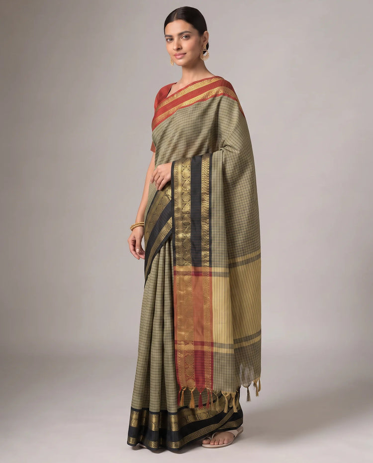 Black Silk Woven Checks Contrast Border Saree