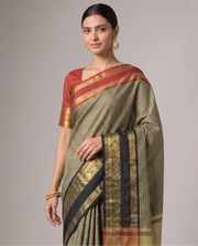 Black Silk Woven Checks Contrast Border Saree