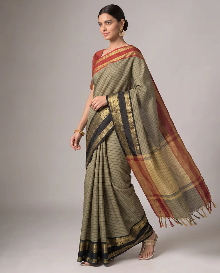 Black Silk Woven Checks Contrast Border Saree