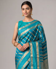 Teal Fancy Silk Zari Strip Saree