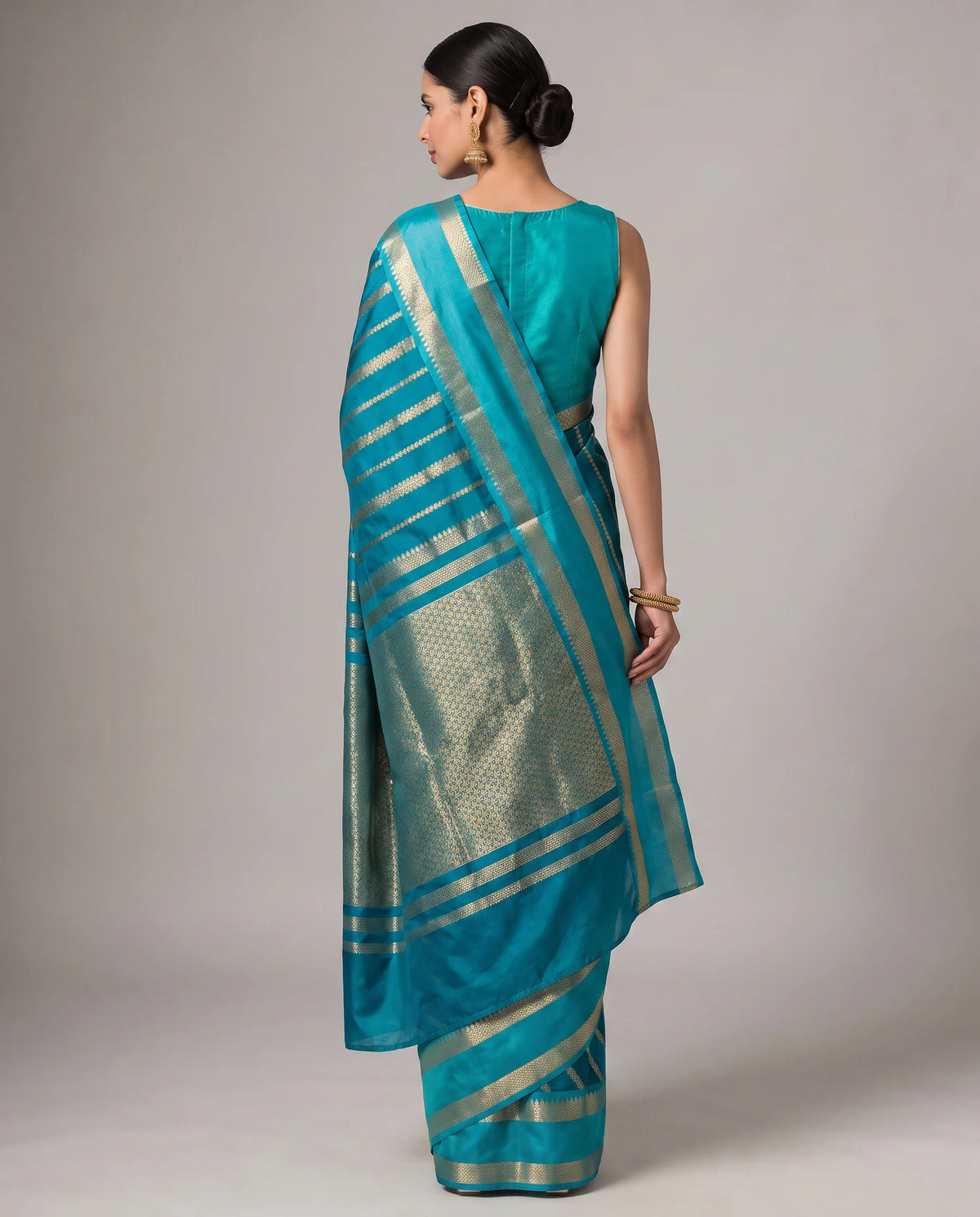 Teal Fancy Silk Zari Strip Saree