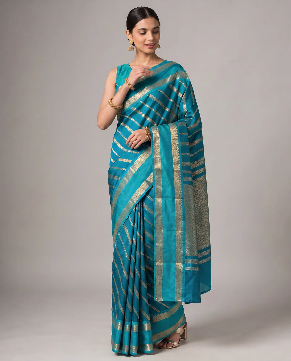 Teal Fancy Silk Zari Strip Saree