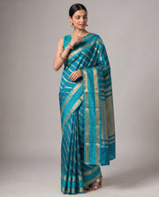 Teal Fancy Silk Zari Strip Saree