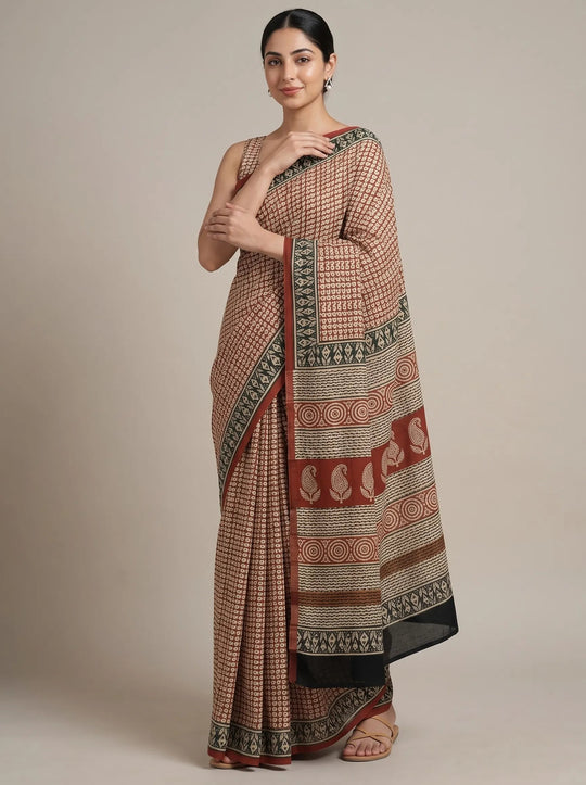 Beige & Red Cotton Printed Saree