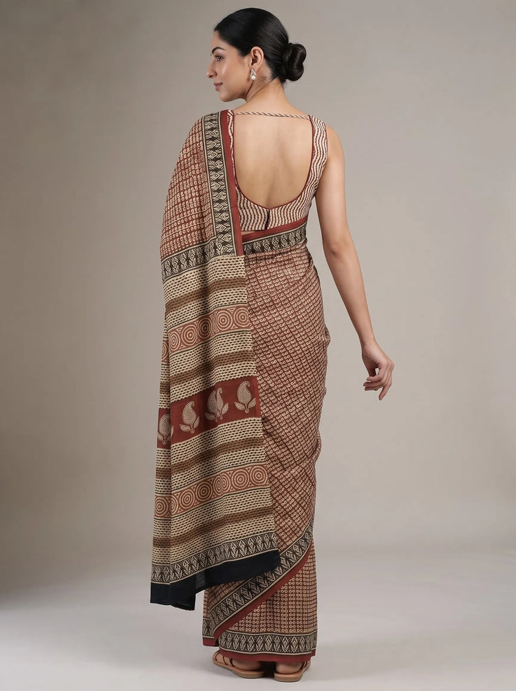 Beige & Red Cotton Printed Saree