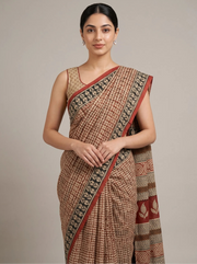 Beige & Red Cotton Printed Saree