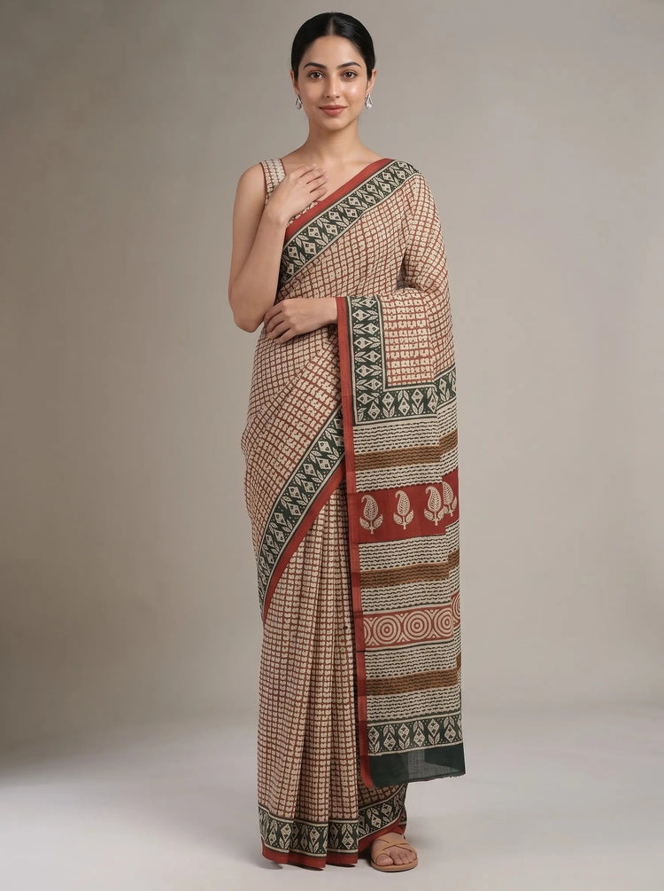 Beige & Red Cotton Printed Saree